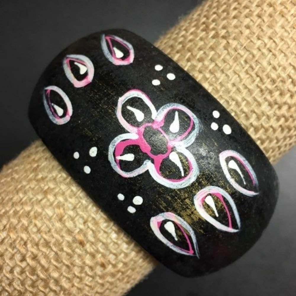 Handpainted Wooden Bangle Bracelet Flower Black White Pink Gold Retro BoHo